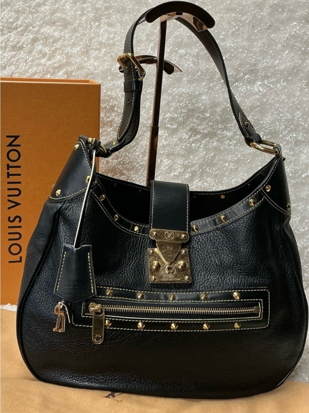 Louis Vuitton Black Leather Hobo with Gold Studs Suhali Bag